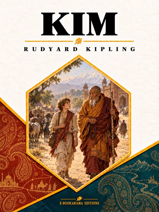Boekomslag van Kim door Rudyard Kipling met illustratie van een jongen en een oude monnik in een Indiaas landschap.
