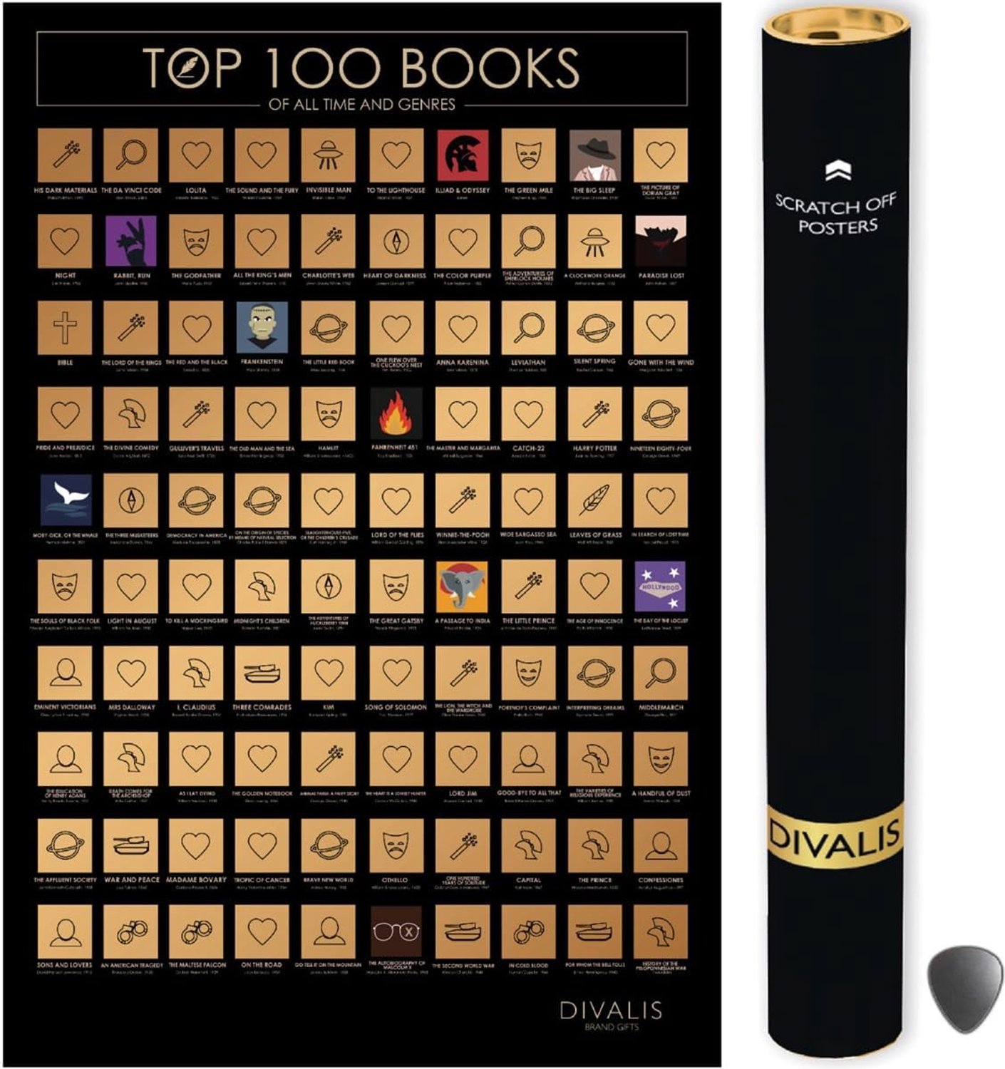 Rubbel Poster Top 100 Books - Must Read Books - Scratch off Book List 61 x 41 cm - Easy to Frame - ShopVlot