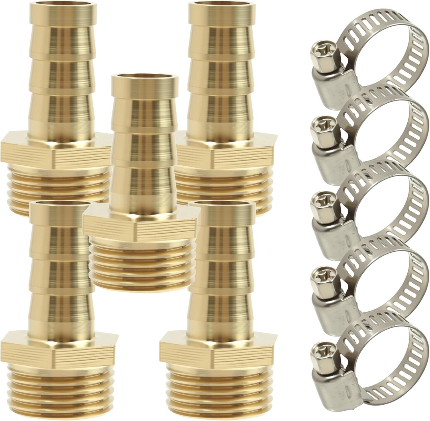 5pcs 3/8 inch BSP male x 10mm ribbed with 5 hose clamps - Brass Hose Compression Fittings - ShopVlot