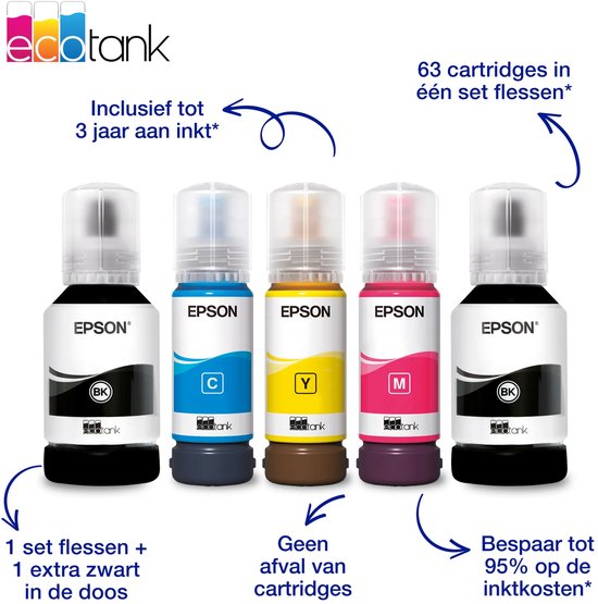 Vijf Epson EcoTank inktflessen: twee zwart, één cyaan, één magenta en één geel. Tekst: 3 jaar inkt, geen afval.