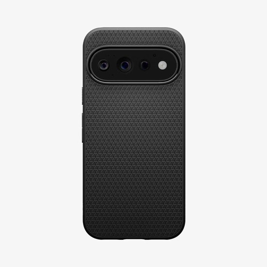 Zwarte Spigen Liquid Air hoesje voor Google Pixel met driehoekig textuurpatroon en uitsparing voor de camera.