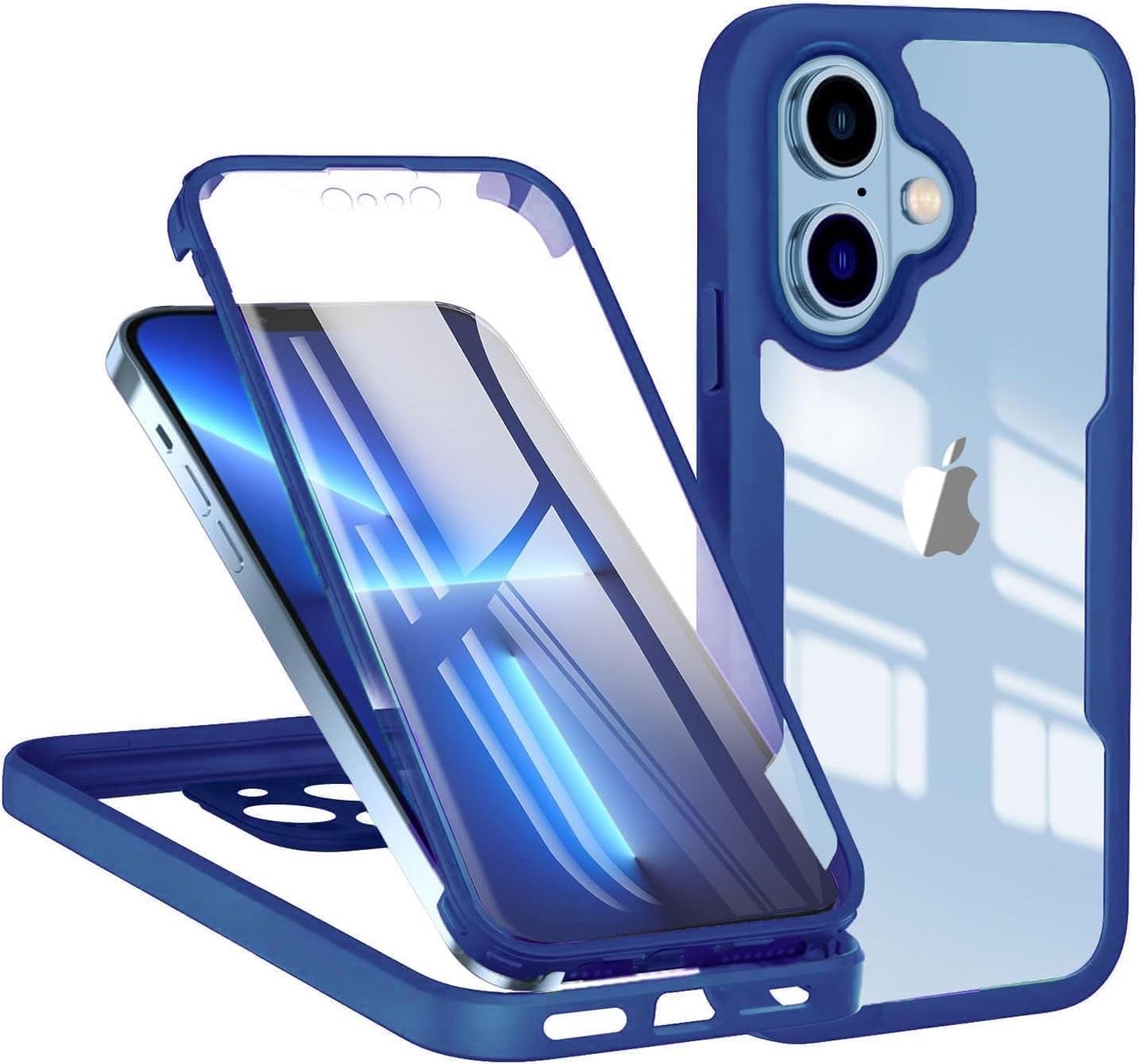 Dubbellaagse Transparante Beschermcase voor iPhone 16 Plus, Schokbestendig, Hard PC Bumper en TPU, Inclusief Screen Protector Film, Blauw