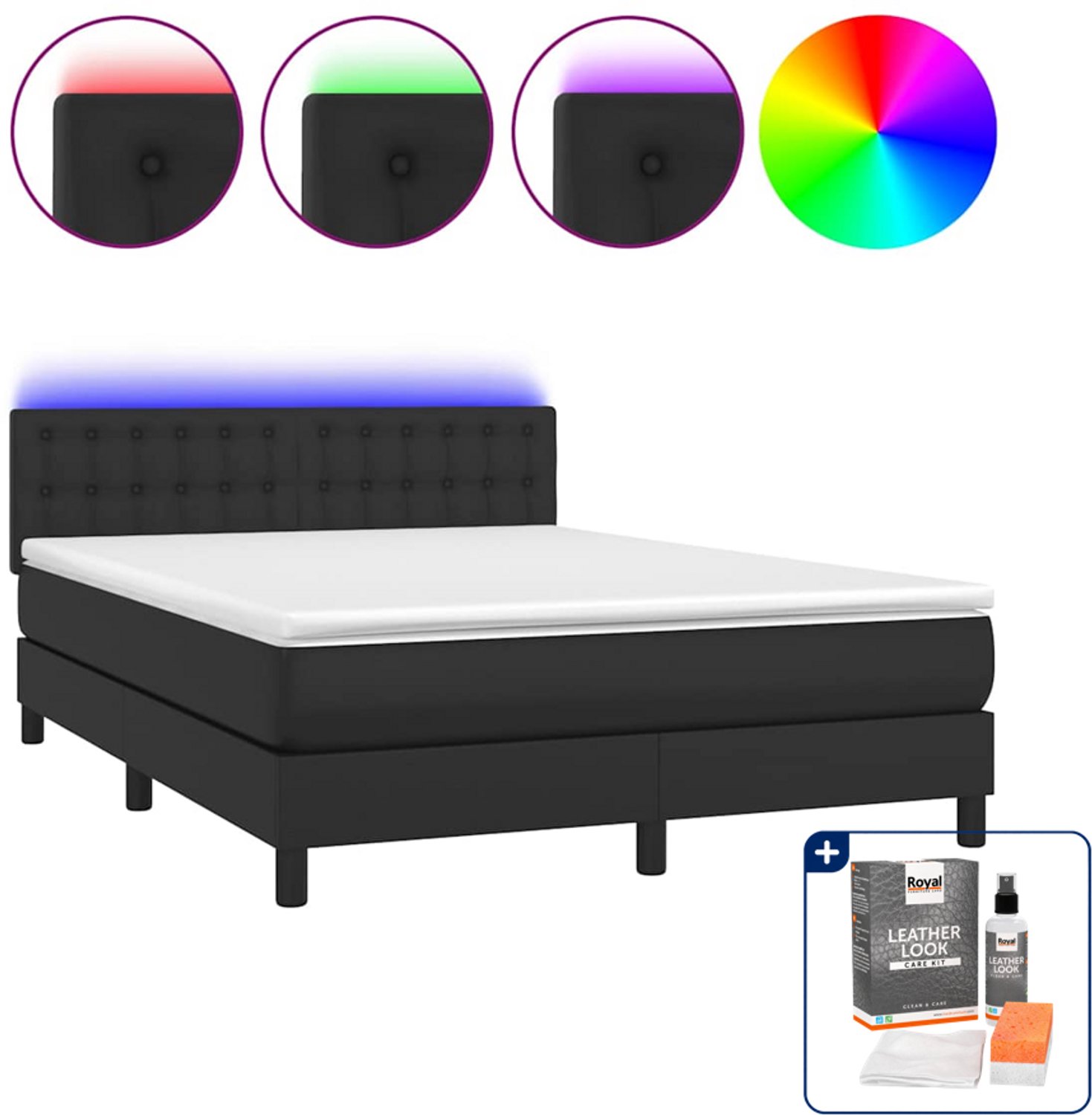 vidaXL boxspring met matras en led - 140 x 190 cm - zwart - Inclusief onderhoudsset voor kunstleer 150 ml