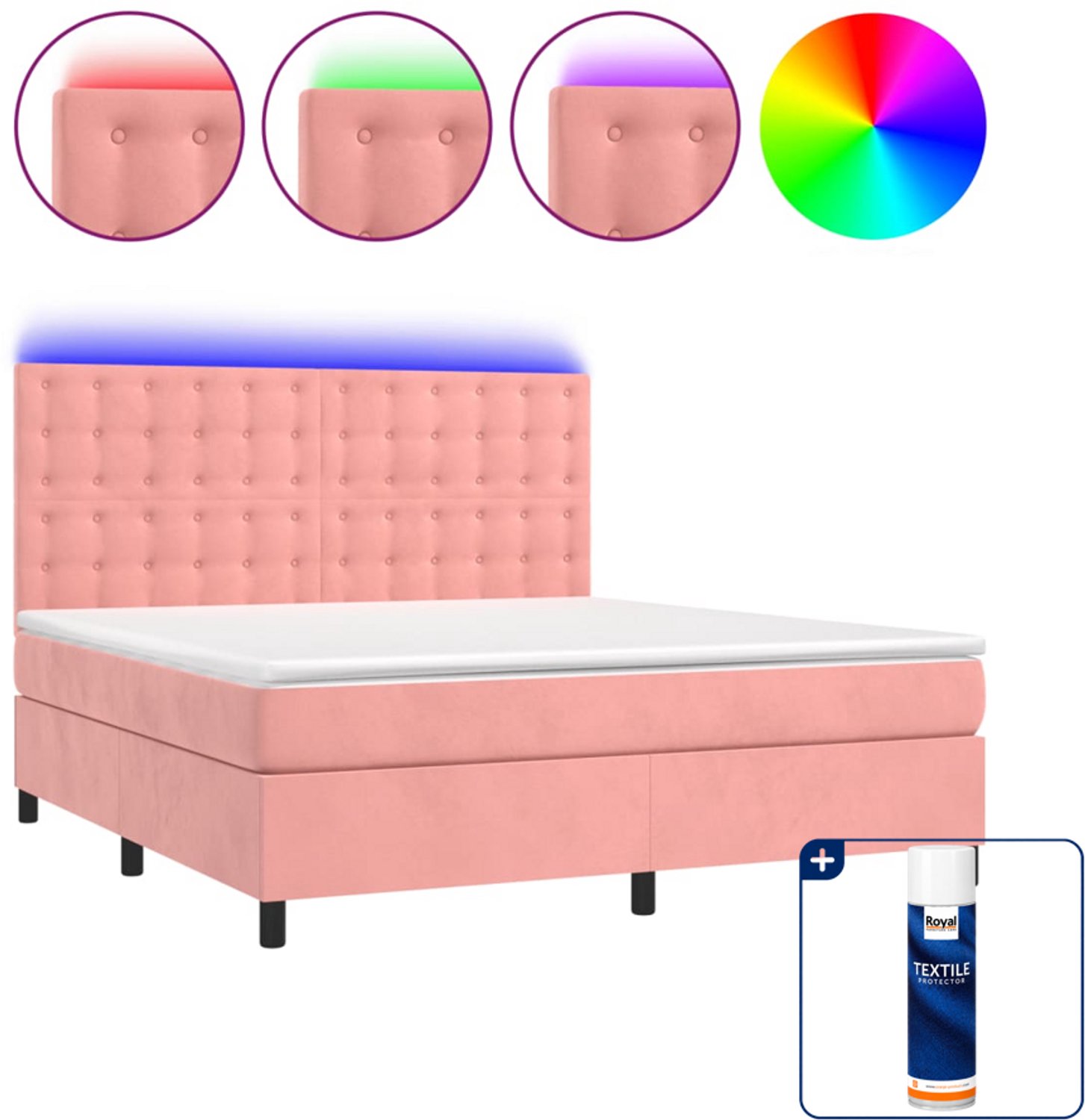 vidaXL boxspring met matras en LED - Kingsize - 180 x 200 cm - roze - Inclusief textielbeschermer 500 ml