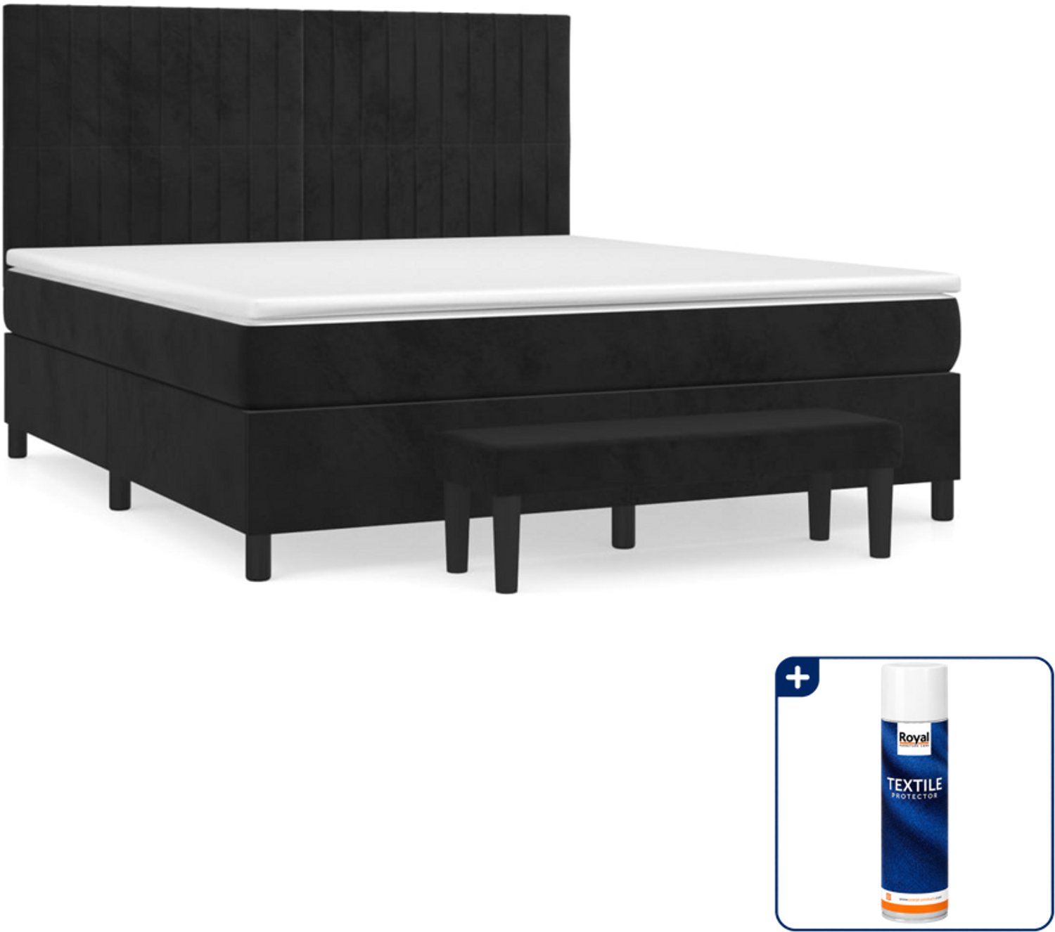 vidaXL Kingsize boxspring met matras en bankje - 180 x 200 cm - zwart - Inclusief textielbeschermer 500 ml