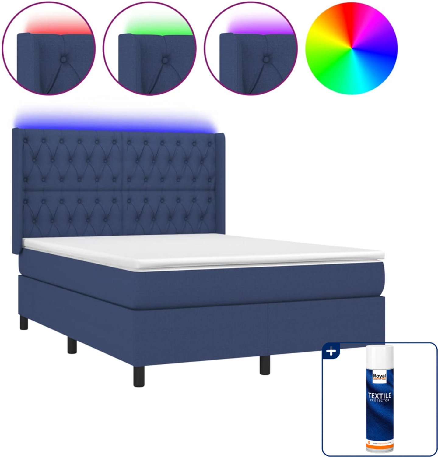 vidaXL Boxspring met matras en LED - 140 x 190 cm - blauw - Inclusief textielbeschermer 500 ml