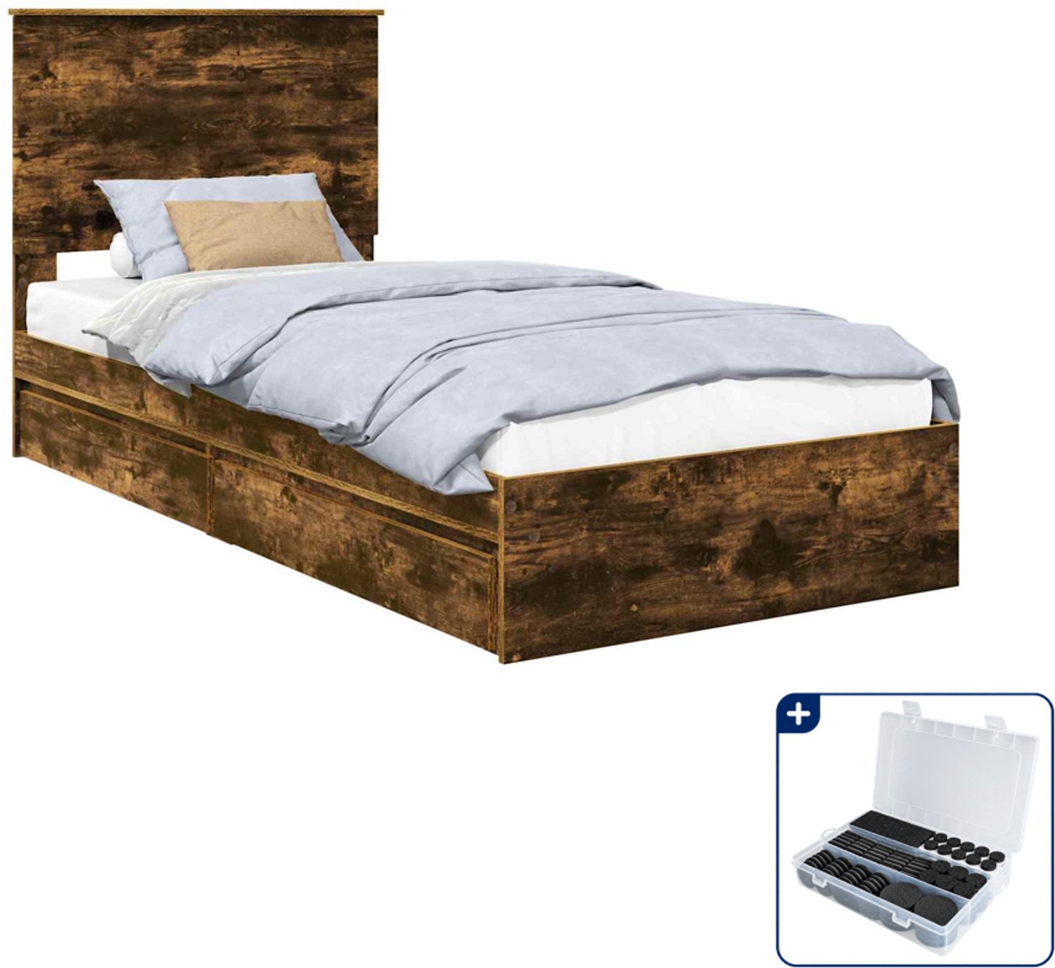 vidaXL bedframe - 90 x 200 cm - bewerkt hout - gerookt eiken - Inclusief antikrasvilt 177-delig Grijs