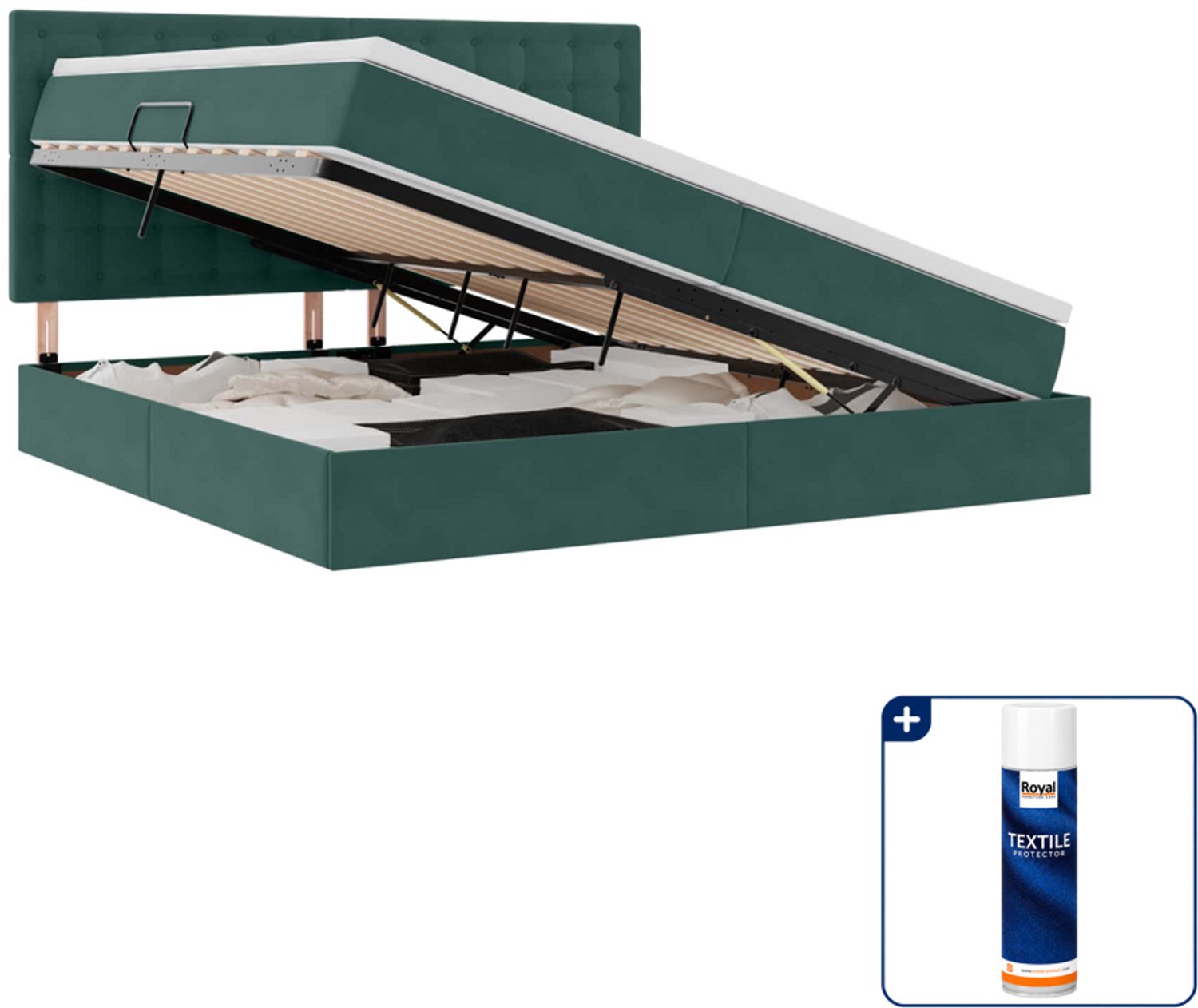 vidaXL Opbergbed met matras - 200 x 200 cm - fluweel - donkergroen - Inclusief textielbeschermer 500 ml Wit