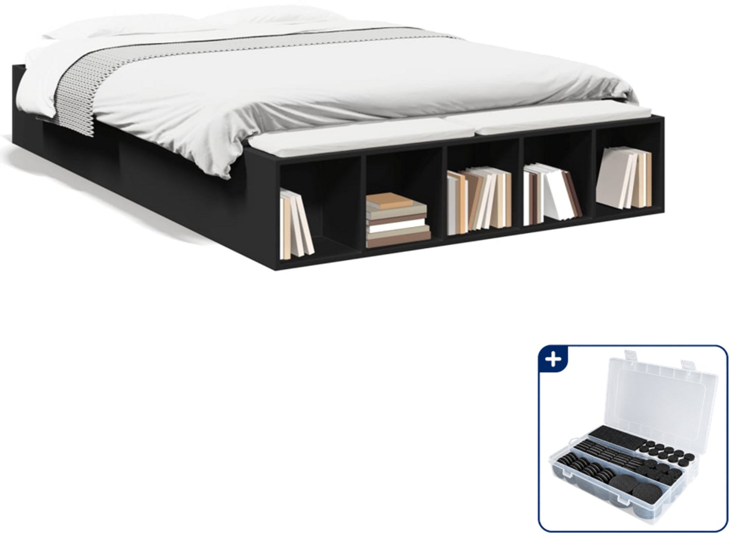 vidaXL bedframe 120 x 190 cm - bewerkt hout - zwart - Inclusief antikrasvilt 177-delig