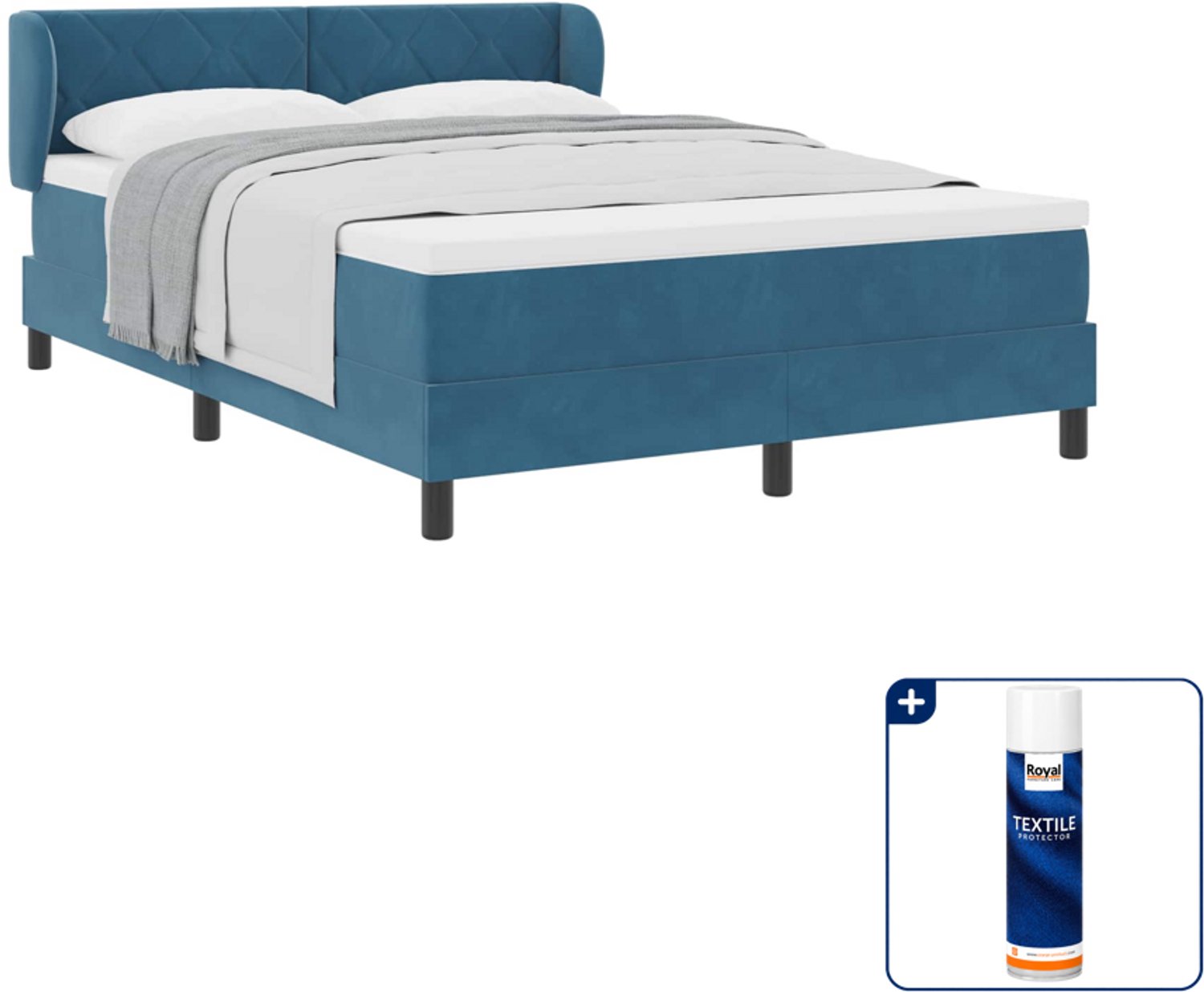 vidaXL Queensize boxspringbed 160 x 200 cm - donkerblauw - fluweel - Inclusief textielbeschermer 500 ml
