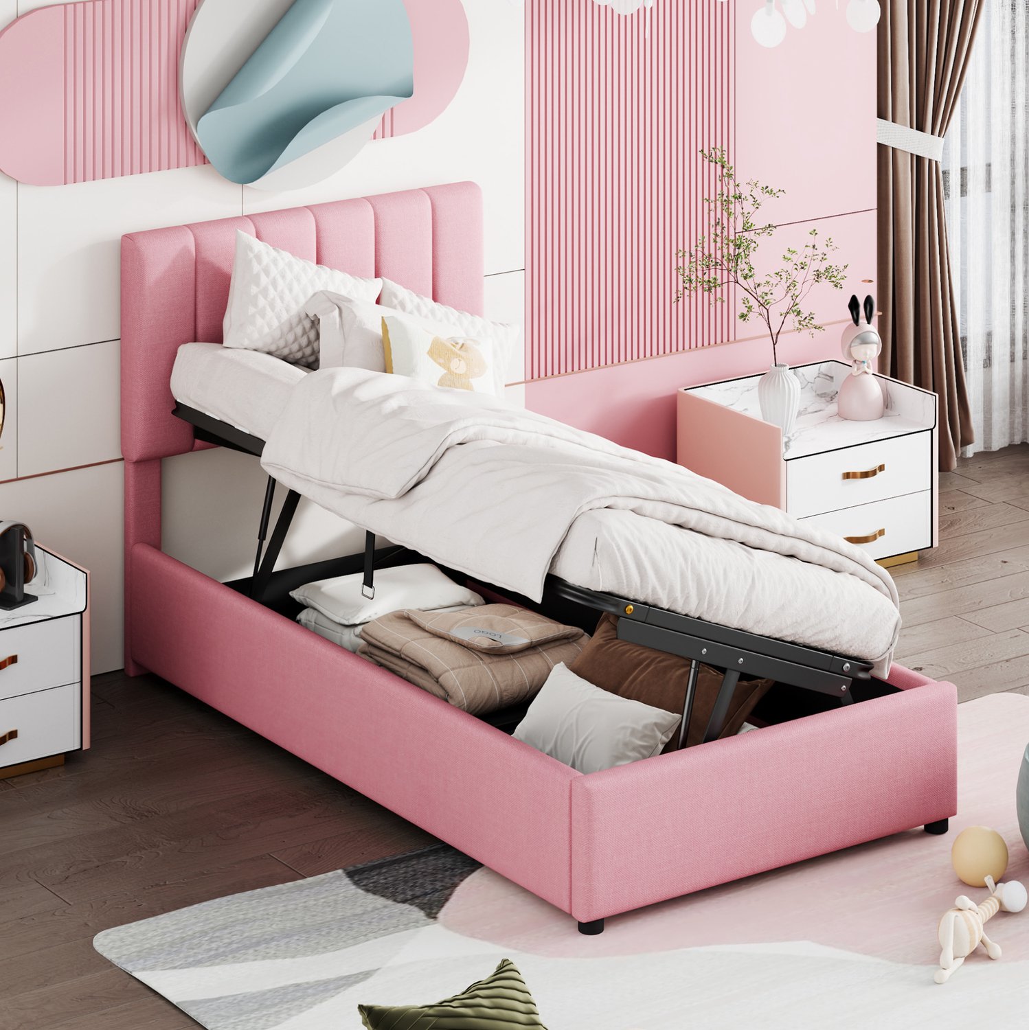 Maisentiel Kinderbed 90 x 200 cm - roze gestoffeerd bed met hydraulische opbergruimte