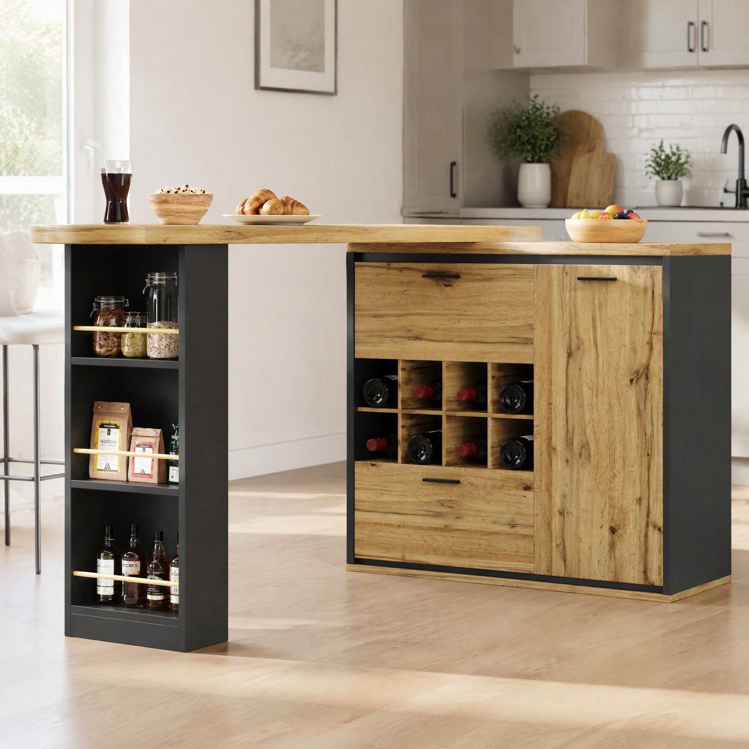 Maisentiel Uitschuifbare eettafel met lades en wijnrek - 138-220 x 39 x 105 cm Houtkleur, zwart