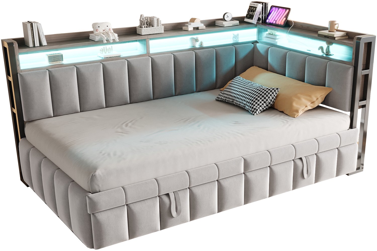 MUVANO Slaapbank 90x200 met uitschuifbed - LED-verlichting en USB/USB-C - Opbergvakken en lattenbodem - Fluweel - Voor de logeerkamer - Lichtgrijs