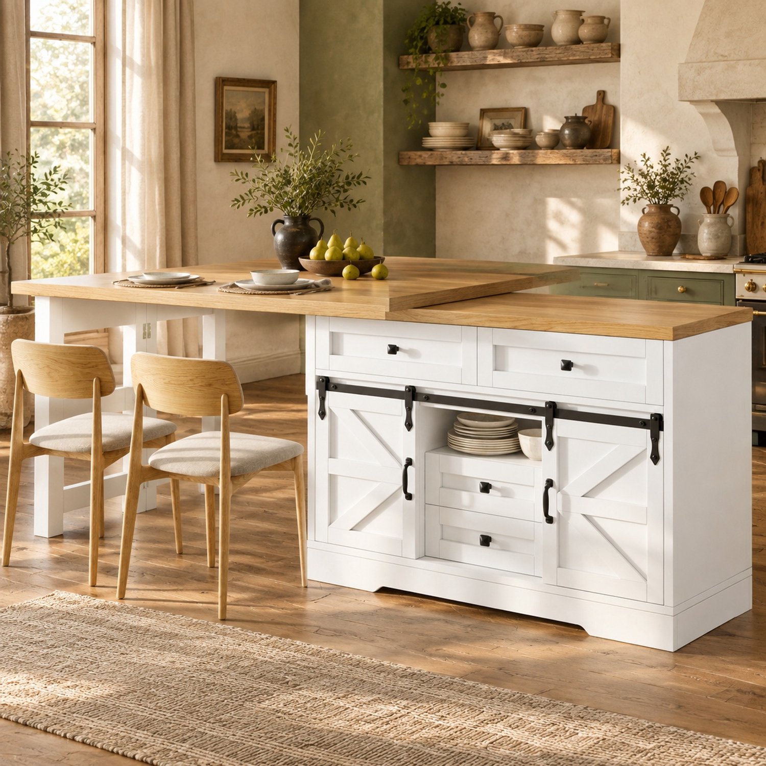 Maisentiel Keukeneiland en uitschuifbare eettafel - 120-197 x 40 x 72 cm - wit en eikenlook Wit met eikenlook tafelblad