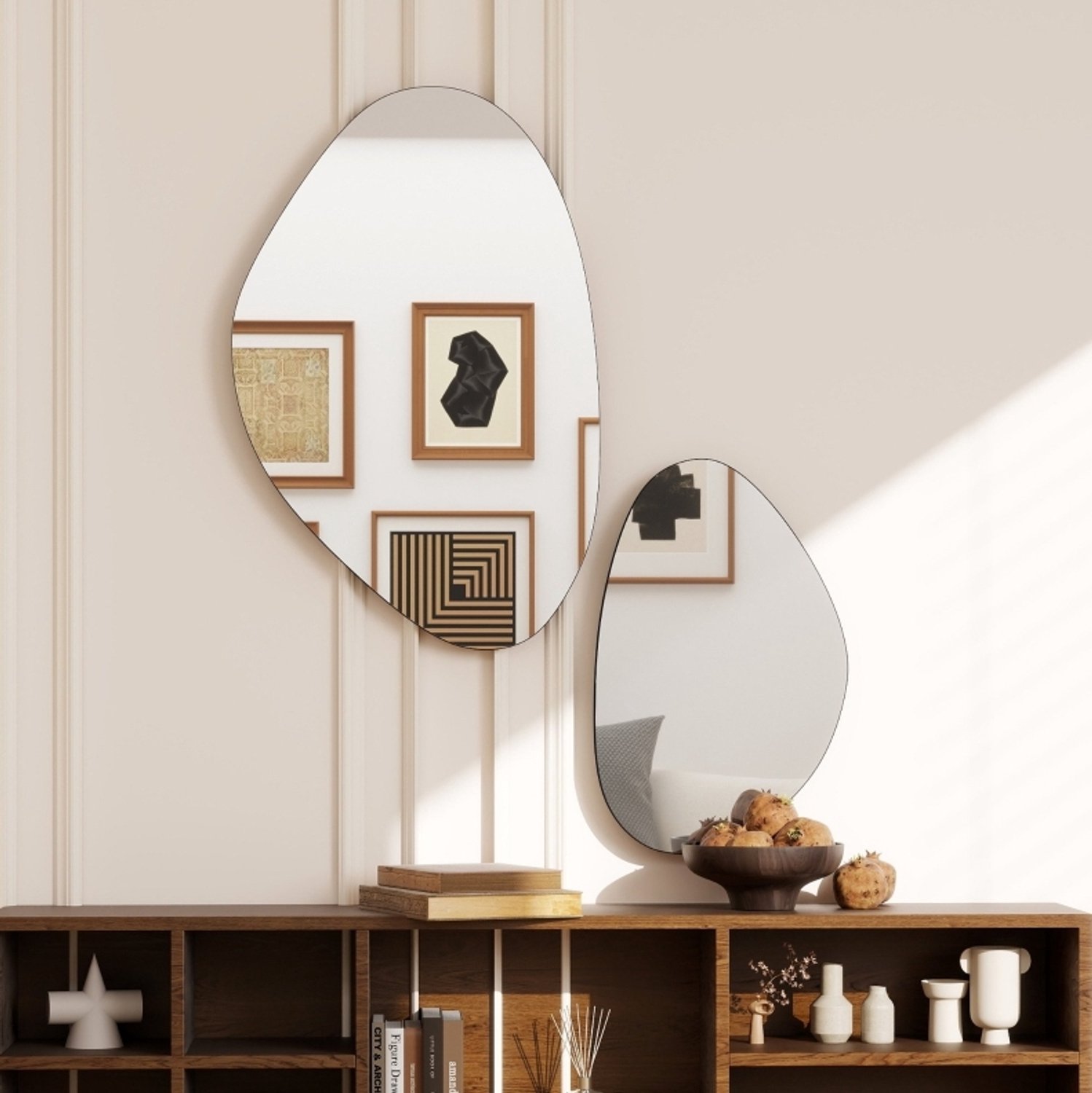 HAUSS SPOLE Wandspiegel Kiezelvorm – Set van 2 – 70 x 46 cm en 49,5 x 31 cm – Metaal, Glas en MDF – Zwart – Horizontaal of Verticaal Ophangen