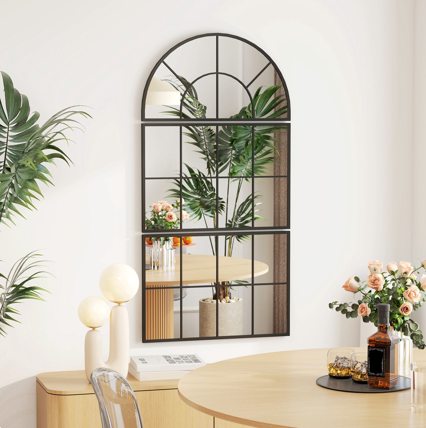 HAUSS SPOLE Wandspiegel Driedelig – 76 cm Breed – Glas en Metaal – Zwart – Boogsegment met Twee Rechthoekige Delen – Voor de Hal – met Haken