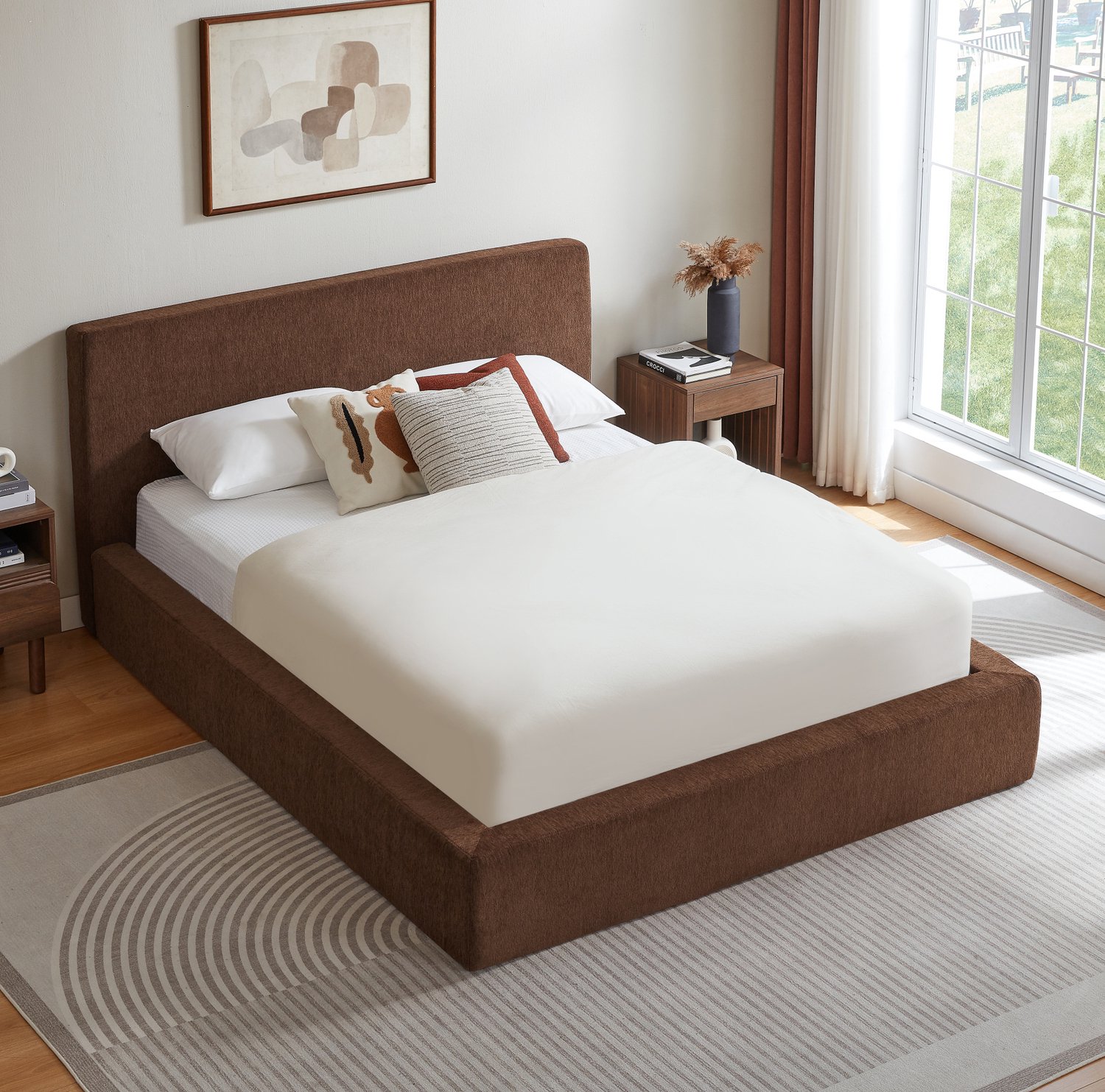 Wishdor Tweepersoonsbed 140x200 cm - Gestoffeerd hoofdbord - Versterkt stalen frame met steunlatten - Zonder matras of boxspring - Minimalistisch ontwerp - Bruin - Slaapkamer
