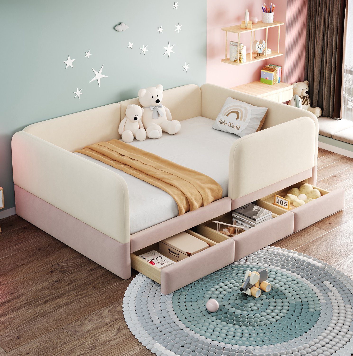 Maisentiel Kinderbed 140 x 200 cm met gestoffeerde rand en 3 opberglades - beige/roze Beige, roze