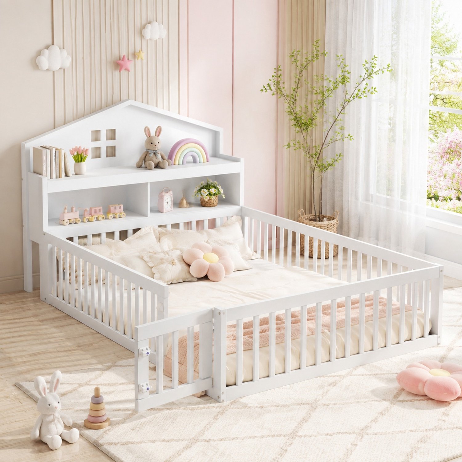 Maisentiel Kinderbed in huisvorm 140 x 200 cm - met krijtbord, opbergruimte en bedhekje - wit