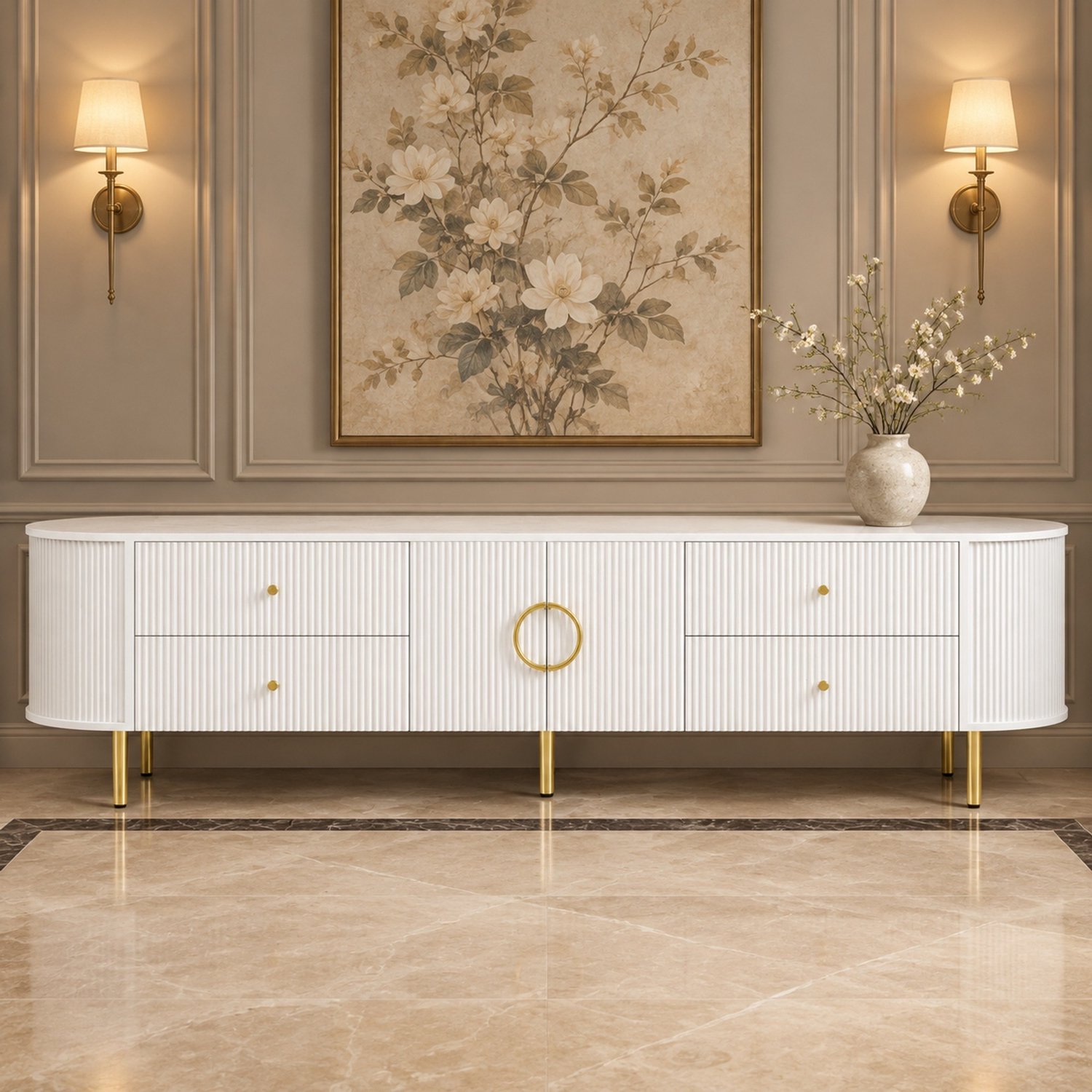 Maisentiel Wit tv-meubel van MDF – 180 x 40 x 53 cm – lades, kabeldoorvoer en reliëffront
