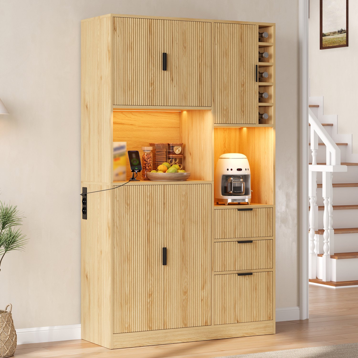 DESMIU Keukenkast - Wijnrek, 3 Laden en Verstelbare Legplanken - Verlichting en Stopcontacten voor de Keuken - MDF - Naturel - 105x40x180 Cm