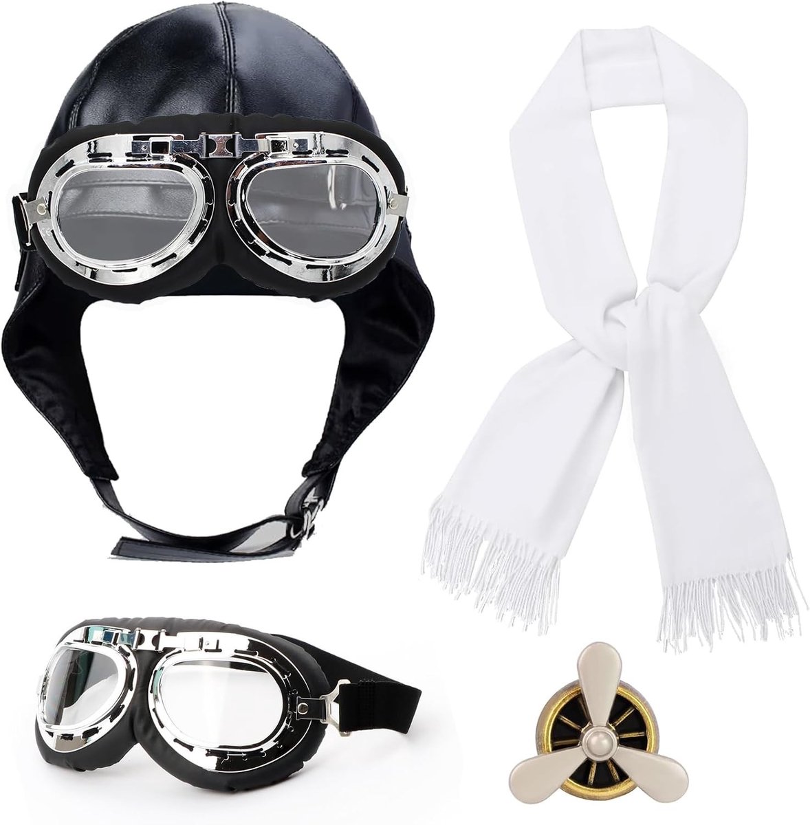 Aviator Kostuum met Zwarte Vliegtuig Hoed, Vlieger Bril, Witte Sjaal en Broche voor Cosplay en Halloween Feestjes - Set van 4 Accessoires voor Mannen en Vrouwen
