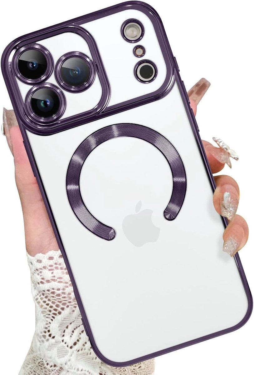 Hoesje Geschikt iPhone 18 Pro Max Hoesje – Transparant/Paars Hybrid Backcover, MagSafe Compatibel & Verhoogde Camerabescherming – Slank en Stevig - Ntech