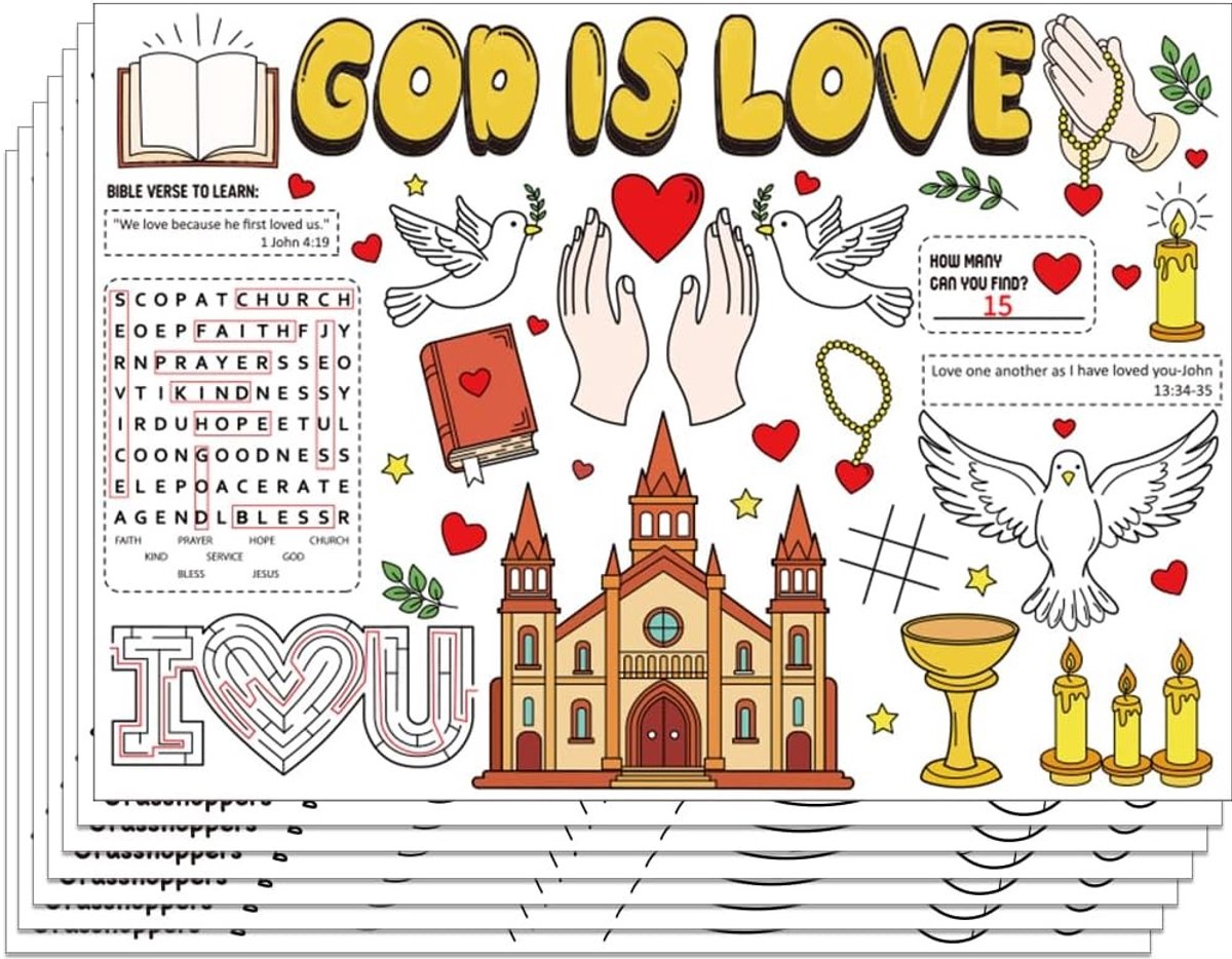 Kleurset met 30 stuks voor God is liefde thema, papieren tafelkleden, kleuractiviteit en tafeldecoraties voor christelijke feesten zoals Pasen en doop, 40 x 28 cm