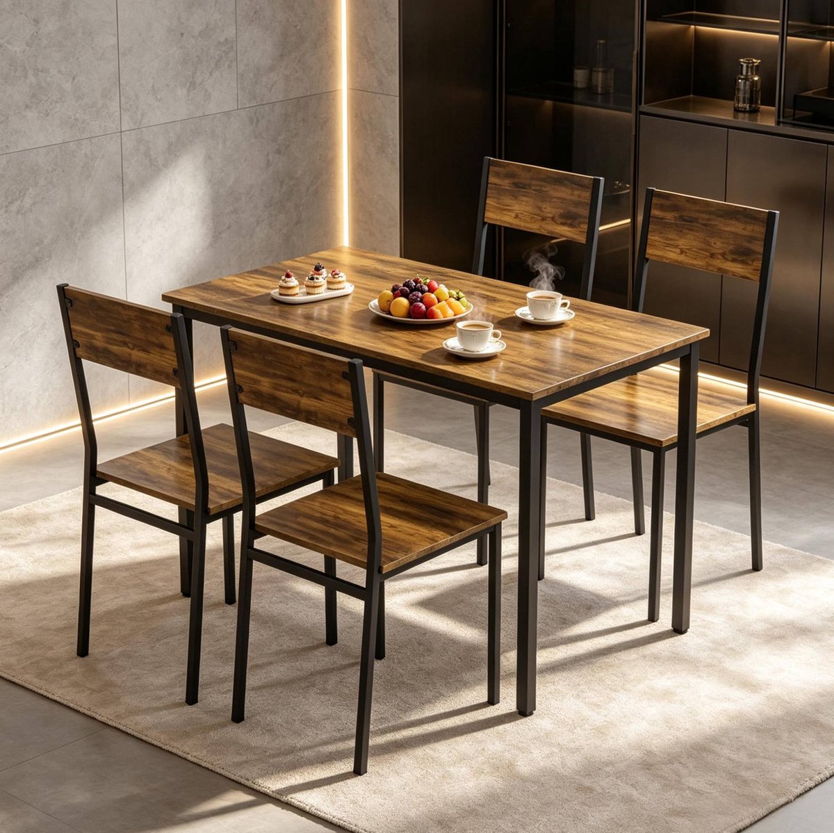 Eettafelset Voor 4 Personen Industrieel Rechthoekig Met Vier Stoelen Voor Keuken En Eetkamer Hout Metaal Zwart En Rustiek Bruin