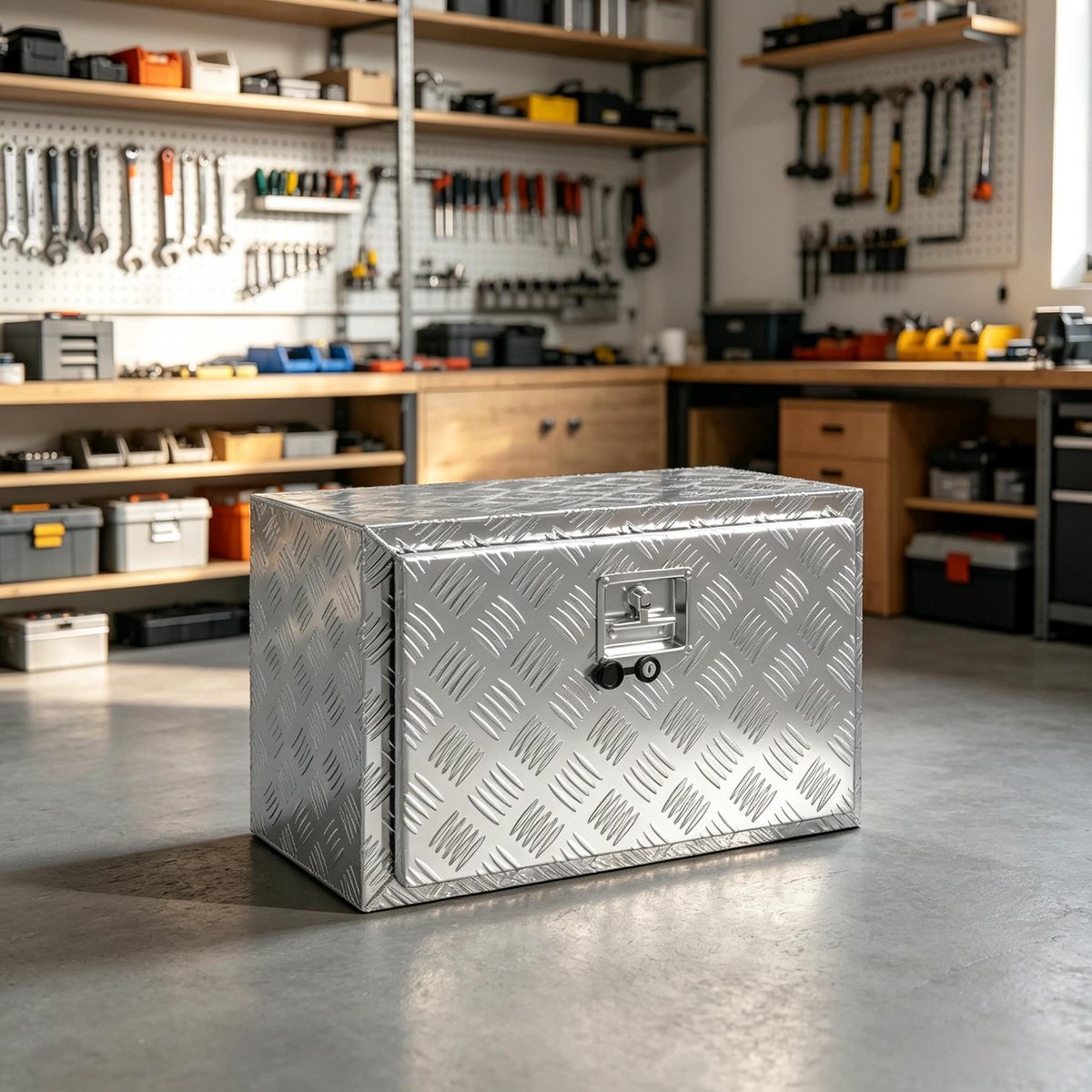 REDOM - Gereedschapskoffer voor LKW - Aluminium behuizing met dubbel gecoate afwerking - Verticaal frontdeksel met afdichtband - Met slot en 2 sleutels - Voor pickup, aanhanger en garage - Aluminium en roestvast staal - Zilver - 60,9 x 35,5 x 40,6 cm