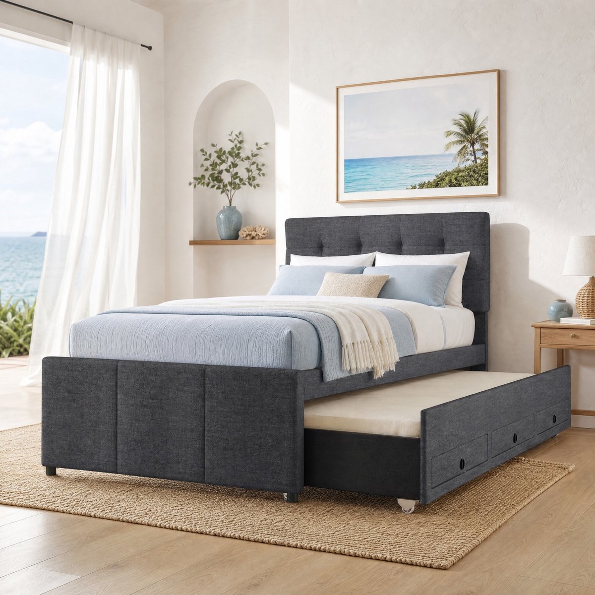 Polsterbett 90x200cm - Familiebed met 3 lades, uittrekbaar gastbed, verstelbaar hoofdeind, stof, grauw - zonder matras