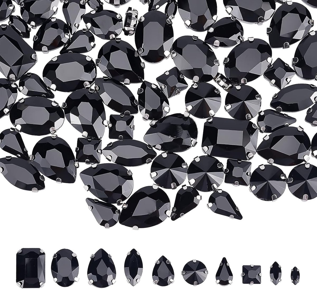 100 stuks 10 stijlen naaien op rhinestones van glas met metalen achterkant voor kostuums, kleding, jurken, oorbellen, riemen en schoenen in zwart