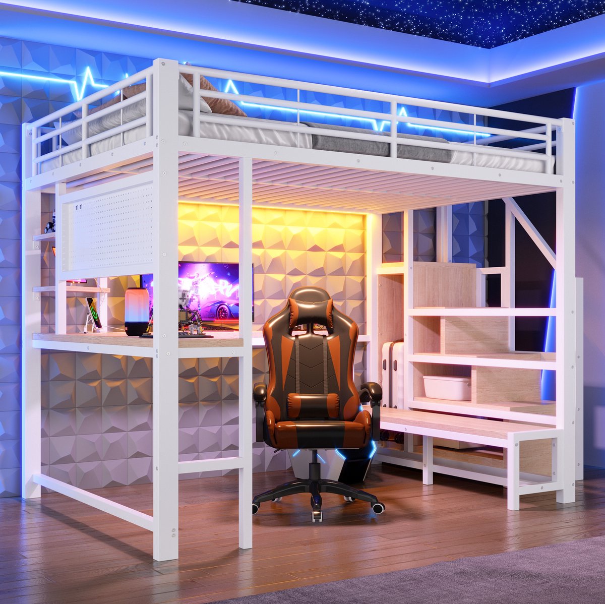 Hoogslaper 140x200 Cm - Bed Met Bureau, Usb En Usb C, Geperforeerde Wand En Led Verlichting - Met Opbergruimte - Metaal En Mdf - Wit - Zonder Matras