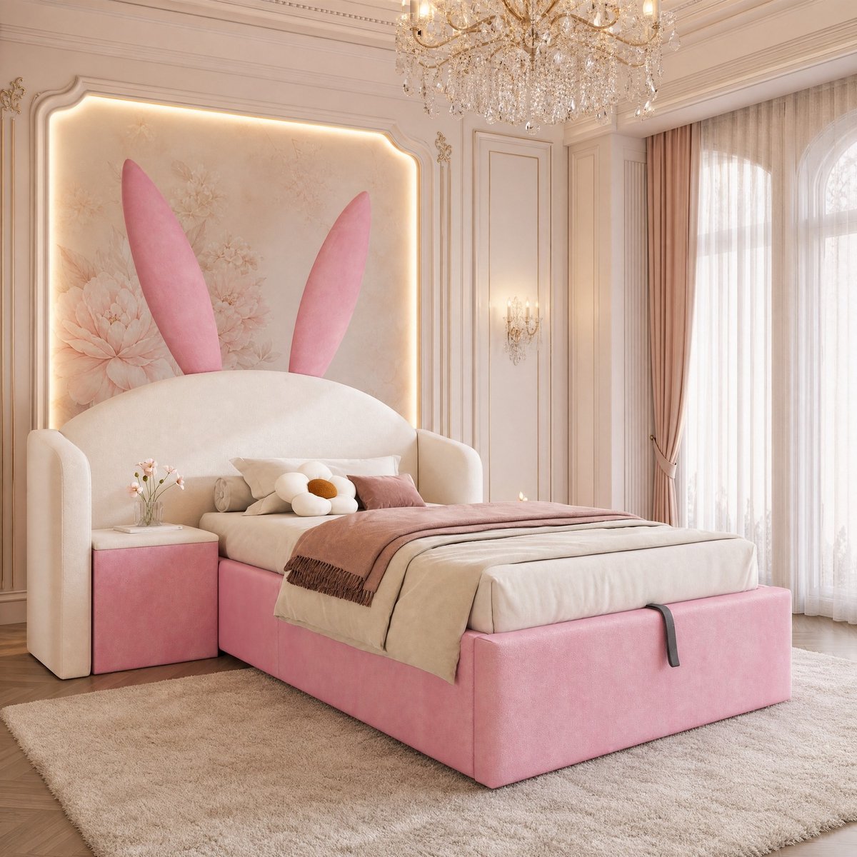 COVREO Kinderbed met konijnenoren – 90x200 cm – Opbergbed met nachtkastje – Eenpersoonsbed voor kinderen – Beige en roze - zonder matras