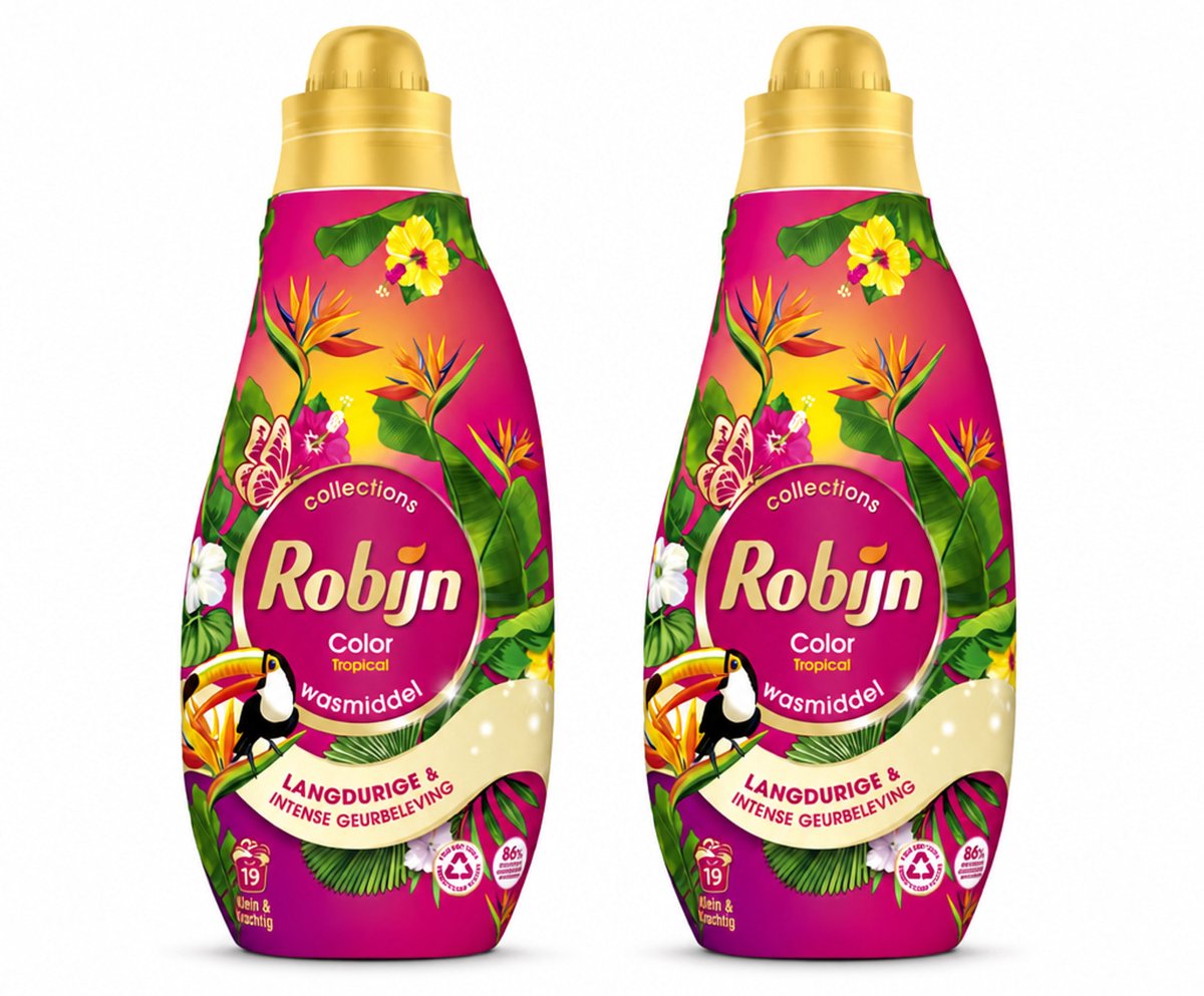 2 x Robijn - Klein & Krachtig Color Tropical - Wasmiddel - 19 Wasbeurten - 665 ml - Bulkverpakking - 2 stuks