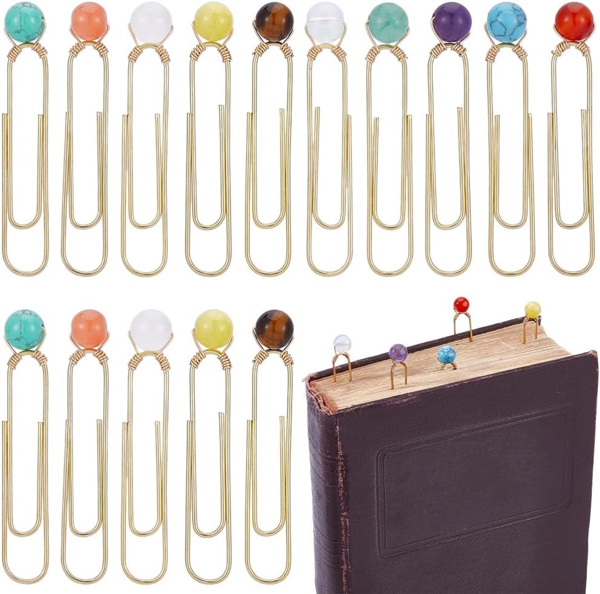 20 Stuks Kleurrijke Edelsteen Paperclips met Gouden Accenten voor Boekmarkering en Dagboekgebruik, Natuursteen Bladwijzers voor Kantoor en School