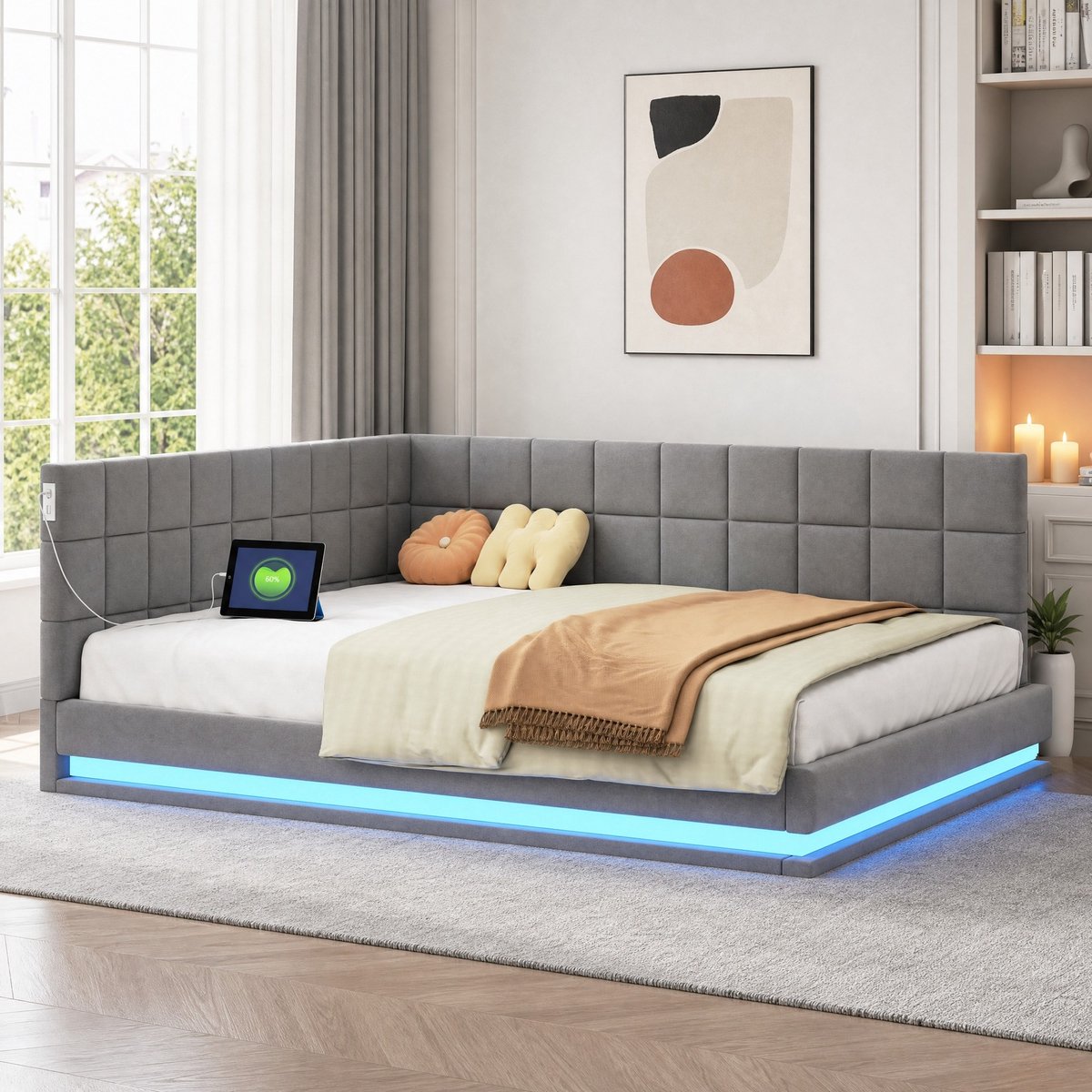 COVREO Slaapbank 140x200 cm grijs met LED-verlichting, USB-aansluiting en lattenbodem - multifunctioneel bedbank met stof