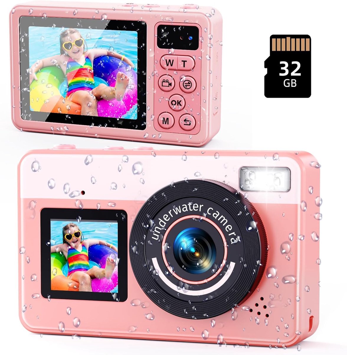 Digitale camera - onderwatercamera, 30 m, waterdicht, 18-voudige digitale zoom, met 32 GB kaart, camera voor kinderen, jongeren, beginners, volwassenen - roze
