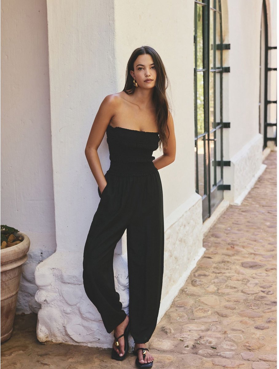 Next - Dames - Aangerimpelde bandeau-jumpsuit met barrelpijpen - Zwart