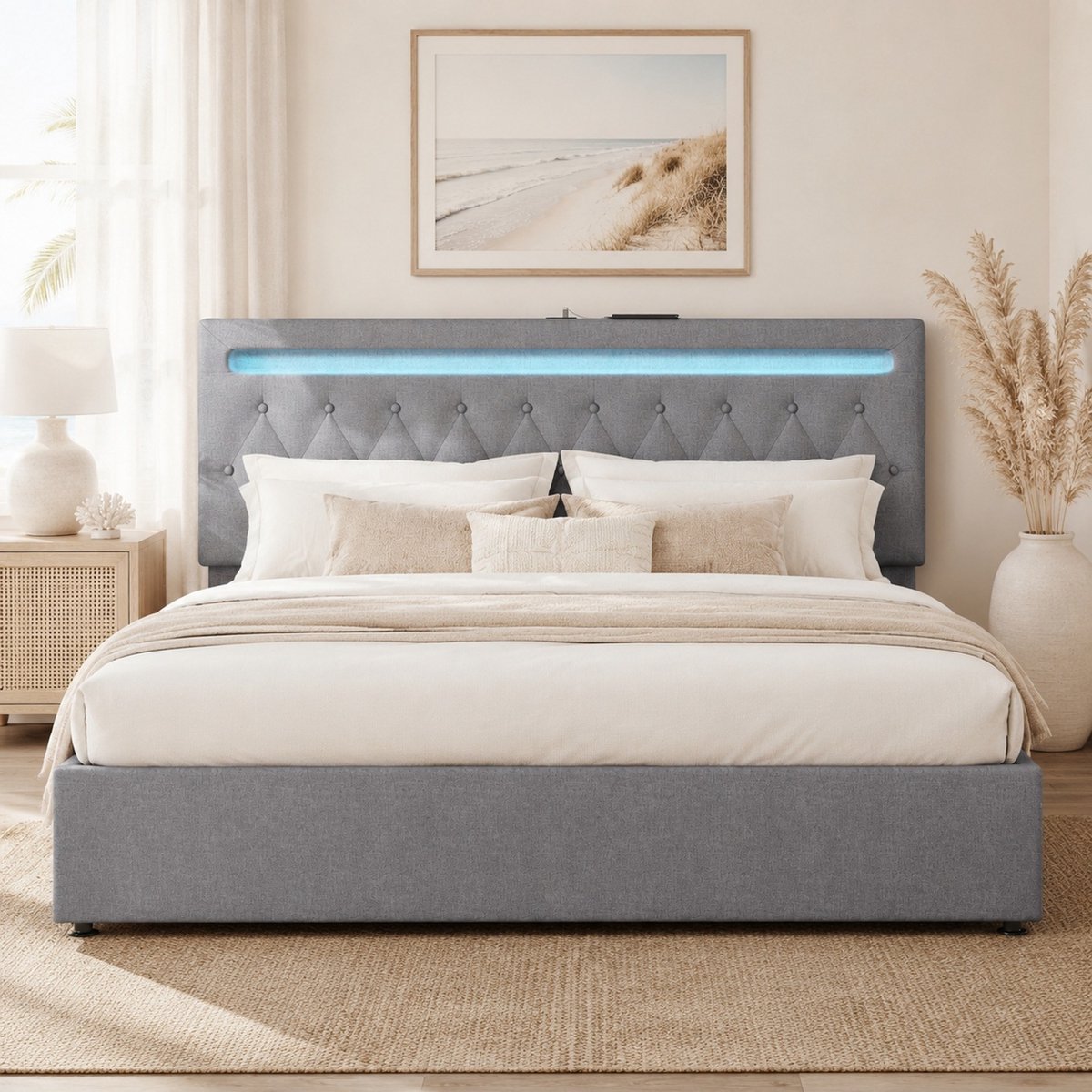COVREO Bed met hydraulische opbergruimte – 180x200 cm – Tweepersoonsbed met LED-verlichting en USB-C – Gestoffeerd frame van stof en MDF – Grijs - zonder matras