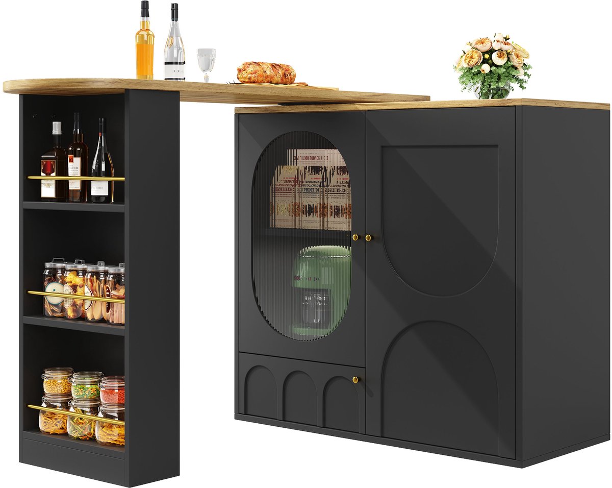 Merax 360° Draaibare Bartafel - Zwarte Bartafel Met Opbergruimte - Keukeneiland Met Draaibaar Tafelblad - Barkast Met Drie Deuren En Deurvakken - 204 x 39 x 105 cm
