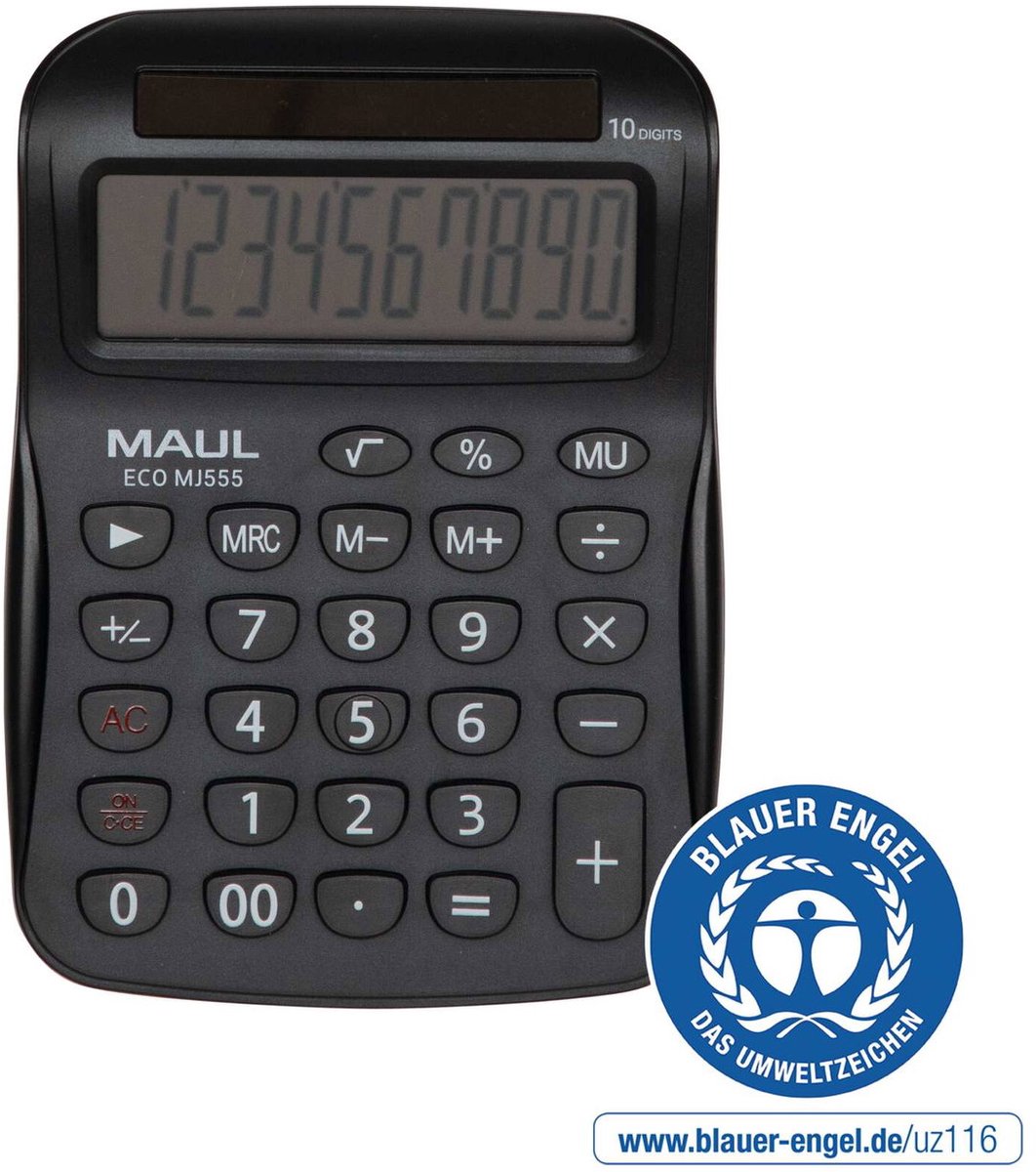 MAUL Bureaurekenmachine ECO MJ 555 LCD-scherm 1-regelig, 10 cijfers Solar 15.4 x 11 x 2.7 cm zwart