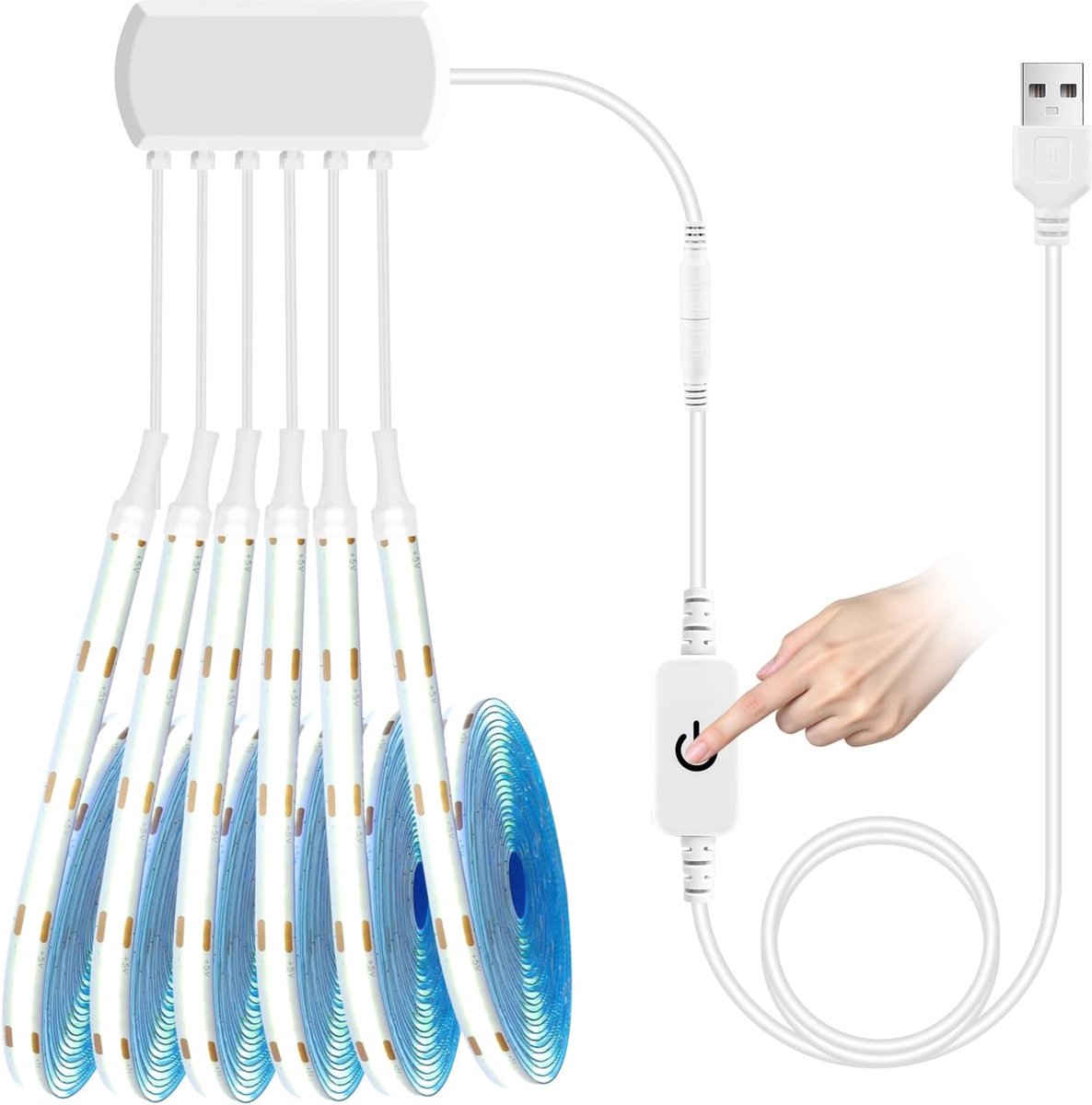 6 rollen 2M warm witte COB LED-striplichtset, 5V USB COB LED-strip met aanraaksensor dimmerschakelaar voor akoestisch - ShopVlot