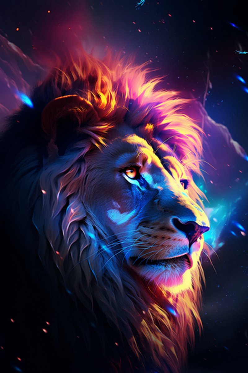 Neon Leeuw Poster - Neon - Modern Art - Moderne Kunst - Leeuw - Lion - Dieren - Woondecoratie - posters - formaat 70x100cm - L691