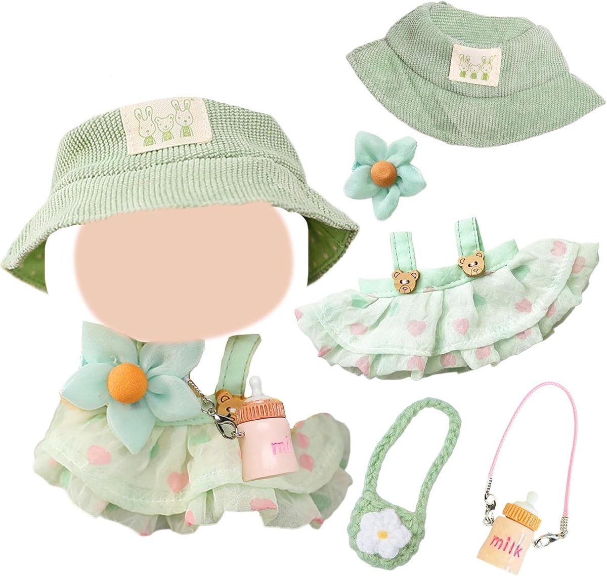 Zomerpoppenkleding Set voor Tieners met Groene Riemjurk, Paraplu Hoed en 2 Schattige Tassen, Perfect Cadeau voor Kinderen
