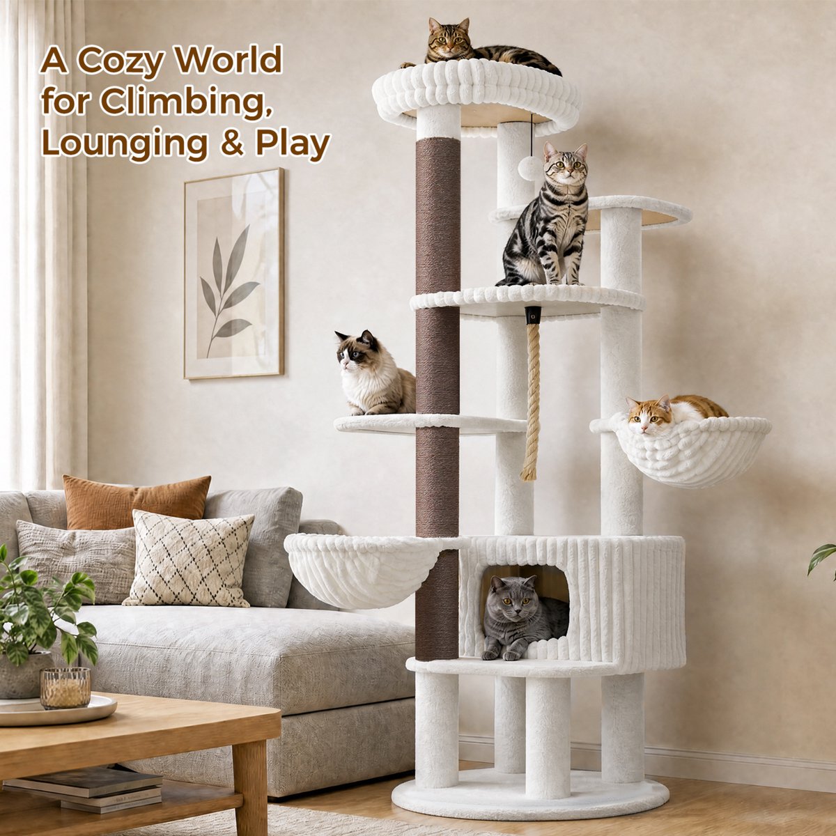 EcoPawPaw XXL Krabpaal 188 cm – Voor Grote Katten & Meerdere Katten – 2 Hangmatten – Groot Kattenhuis – Dikke 8,9 cm Sisalpalen – Wit thumbnail 2