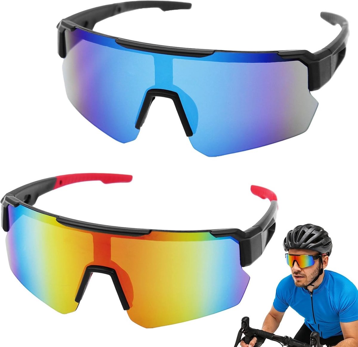 Set van 2 Sportzonnebrillen, Gepolariseerde Fietsglazen, UV400 Zonnebrillen voor Buitenactiviteiten, Hardlopen en Fietsen