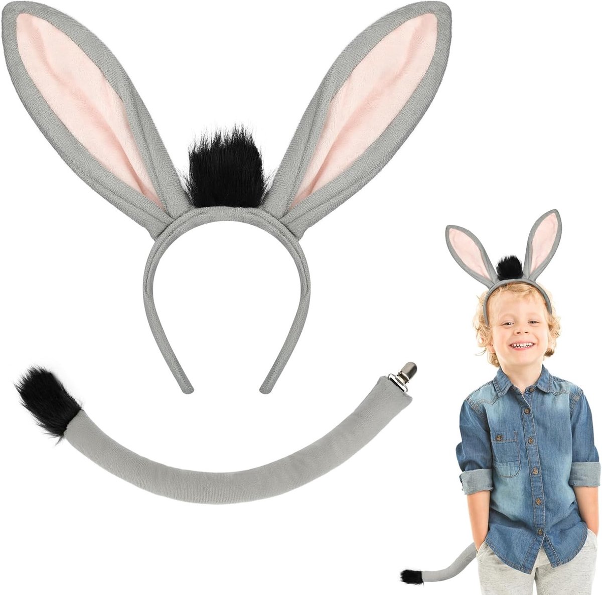 Dierenkostuum Set met Effen Donkey Oren, Haarband en Staart voor Kinderen en Volwassenen voor Halloween, Carnaval en Feestjes