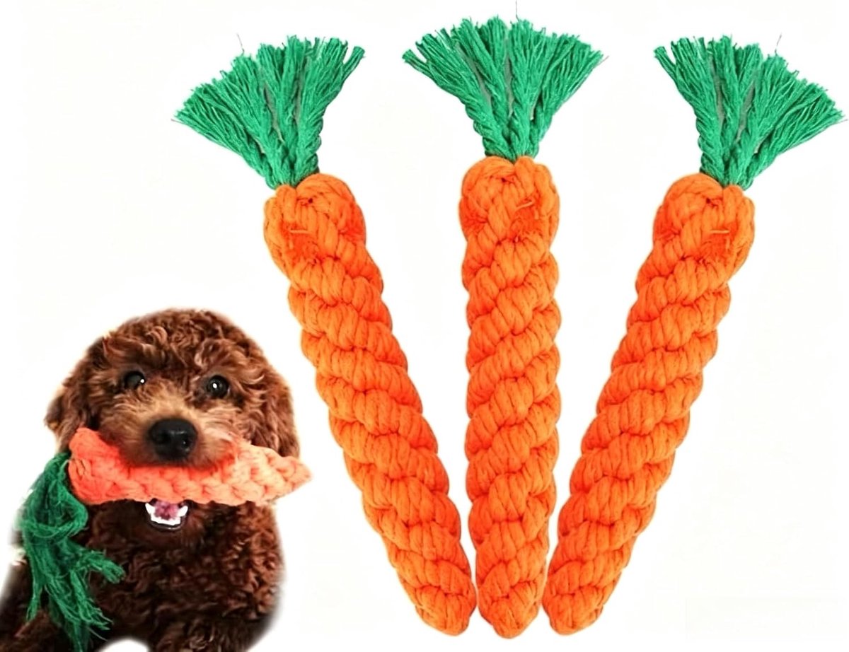 3x Katoenen Touwspeeltje voor Honden – Wortelvormig Kauwspeelgoed – Handgemaakt Knoopfiguur – Speelgoed voor Puppy’s en Kleine Honden – Voor Kauwen en Gebitsverzorging – 22 x 3 cm