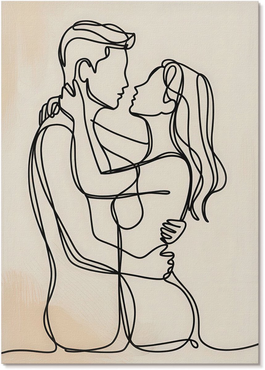 Tulup Polycanvas Poster - Liefdeslijntekening, Lijntekening - A4 - Beige Design - Rechthoek - Kunstposter - Woonkamer, Slaapkamer, Kantoor - Romantisch